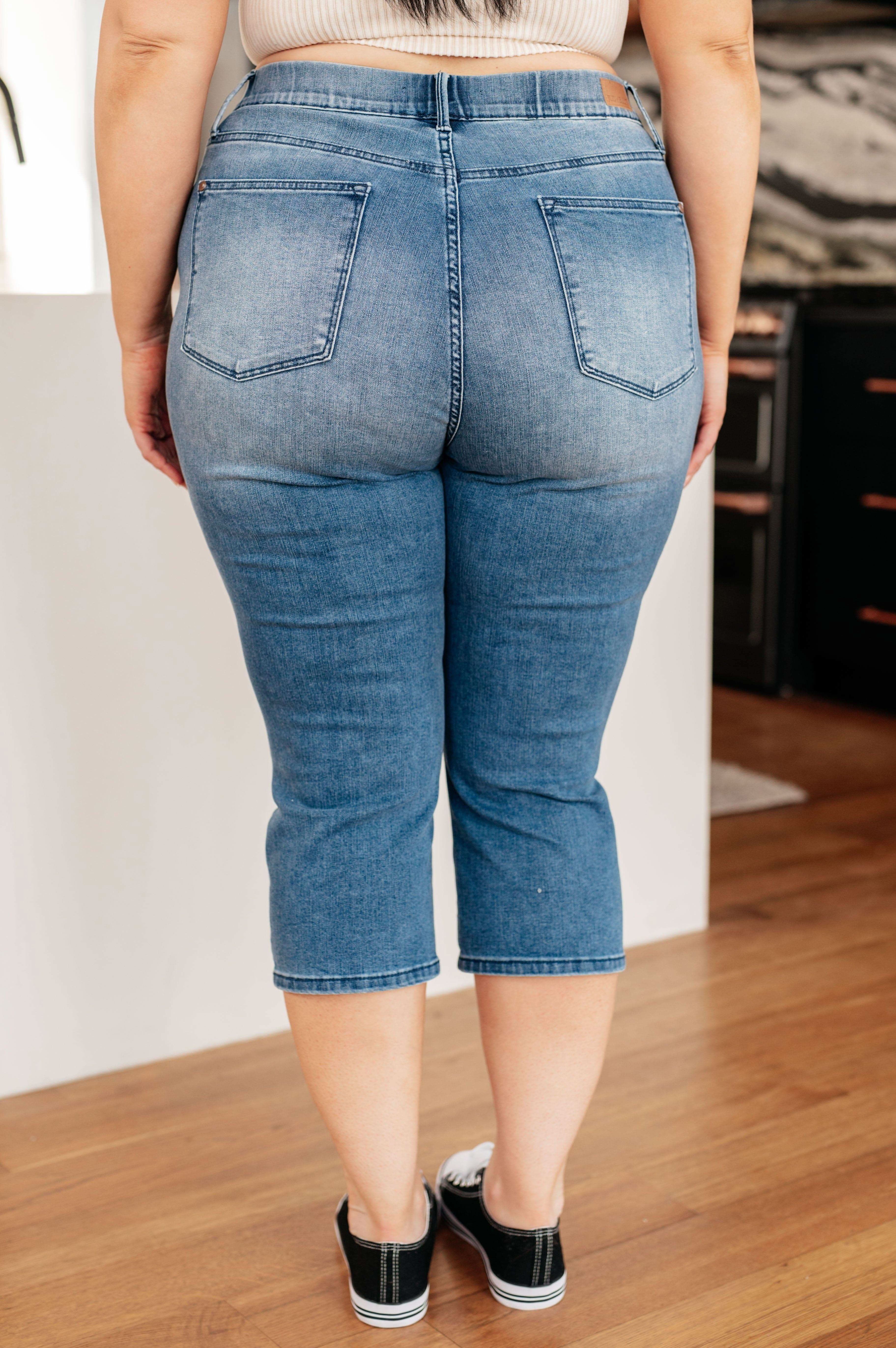 Emily High Rise Cool Denim Pull On Capri Jeans in - Denim photo