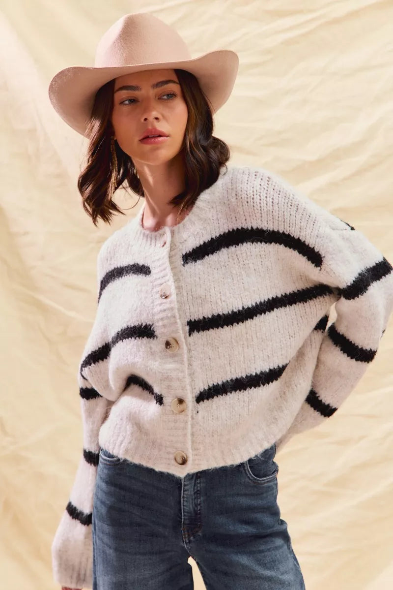 SO ME Stripe Soft Touch Button Cozy Sweater Cardigan in - photo