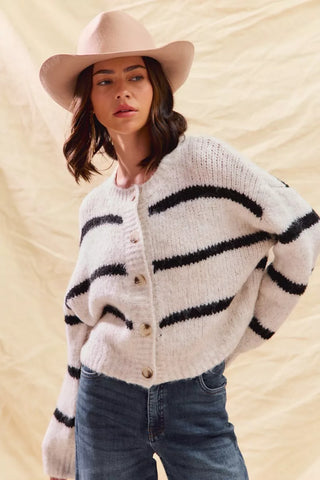 SO ME Stripe Soft Touch Button Cozy Sweater Cardigan in - photo