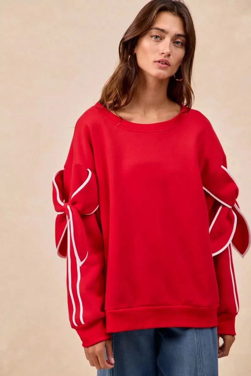 BiBi Bow Detail Sleeves Fleece Sweatshirt in RED WHITE - photo