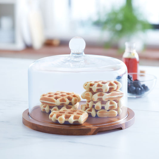 Libbey Acaciawood Flat Round Wood Server Cake Stand with Glass Dome in - Serveware photo