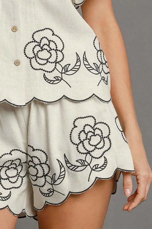 Umgee Linen Blend Shorts with Floral Embroidered Details Plus Size in - photo
