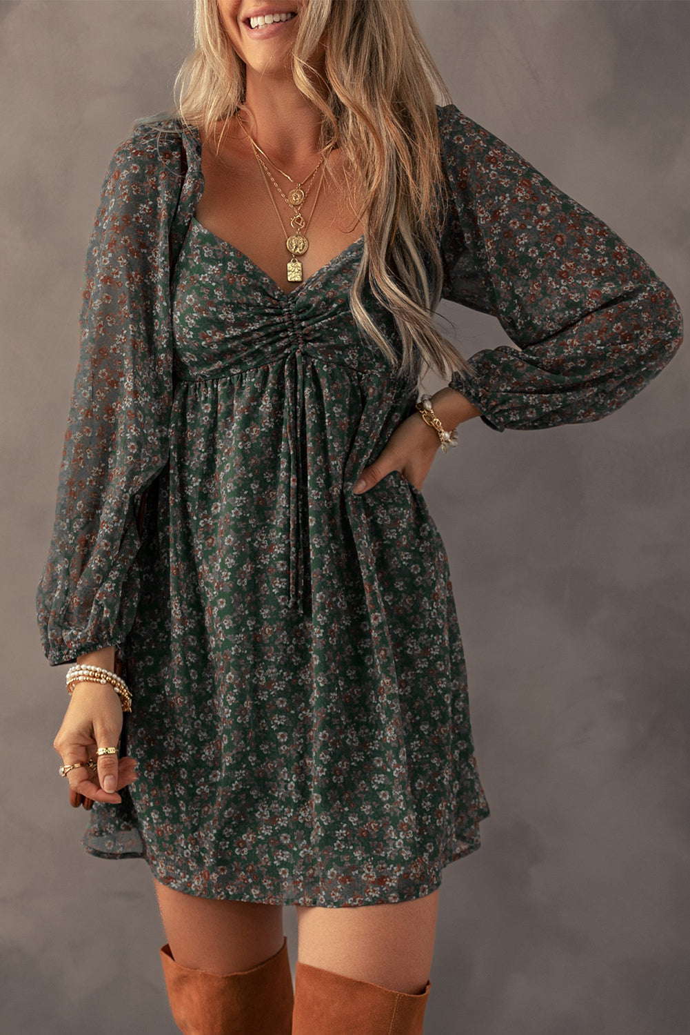 Armani Shirred Back Mini Dress in Green - Floral Dresses photo