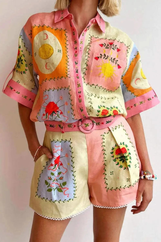 Printed Short Sleeve Shirt and Shorts Set in Floral - Outfit Sets photo