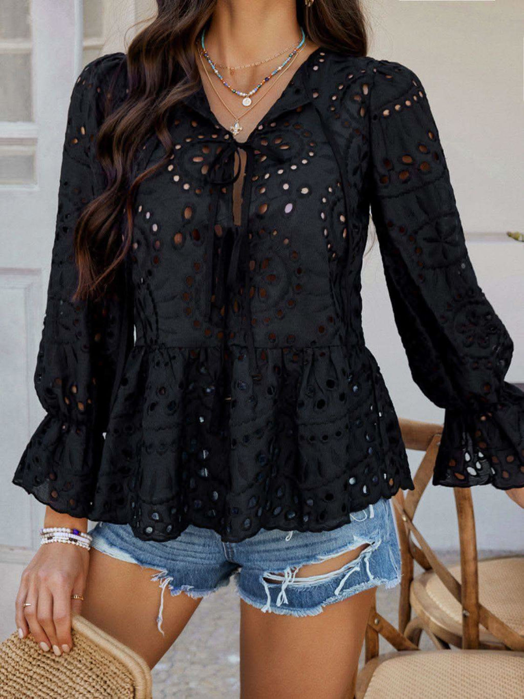 Devine Tie Front Flounce Sleeve Peplum Blouse - SwagglyLife Home & Fashion