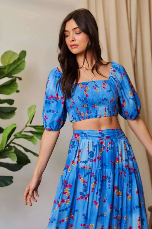 Davi & Dani Smocing Bodice Puff Short Sleeve Printed Crop Top in - photo