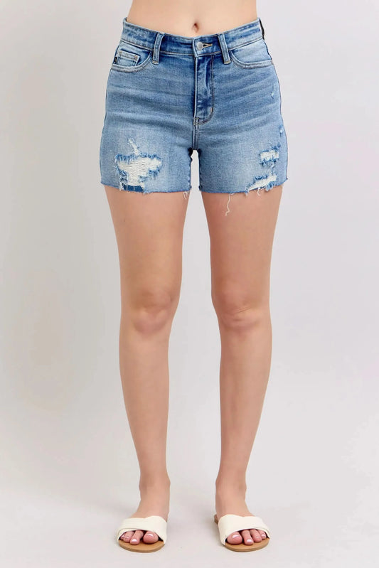 Judy Blue Full Size High Waist Denim Shorts W/stitch Over Destroy Detail Plus Size in - photo