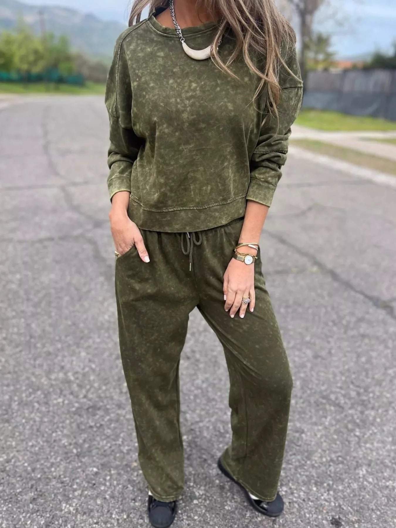 Full Size Washed Round Neck Top and Drawstring Pants Set Plus Size - SwagglyLife Home & Fashion