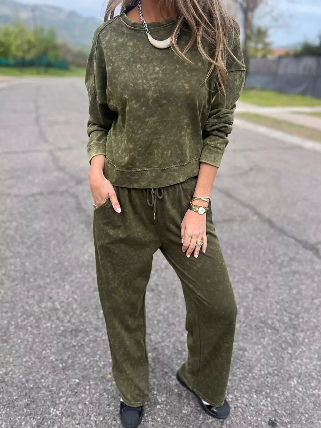 Full Size Washed Round Neck Top and Drawstring Pants Set Plus Size - SwagglyLife Home & Fashion