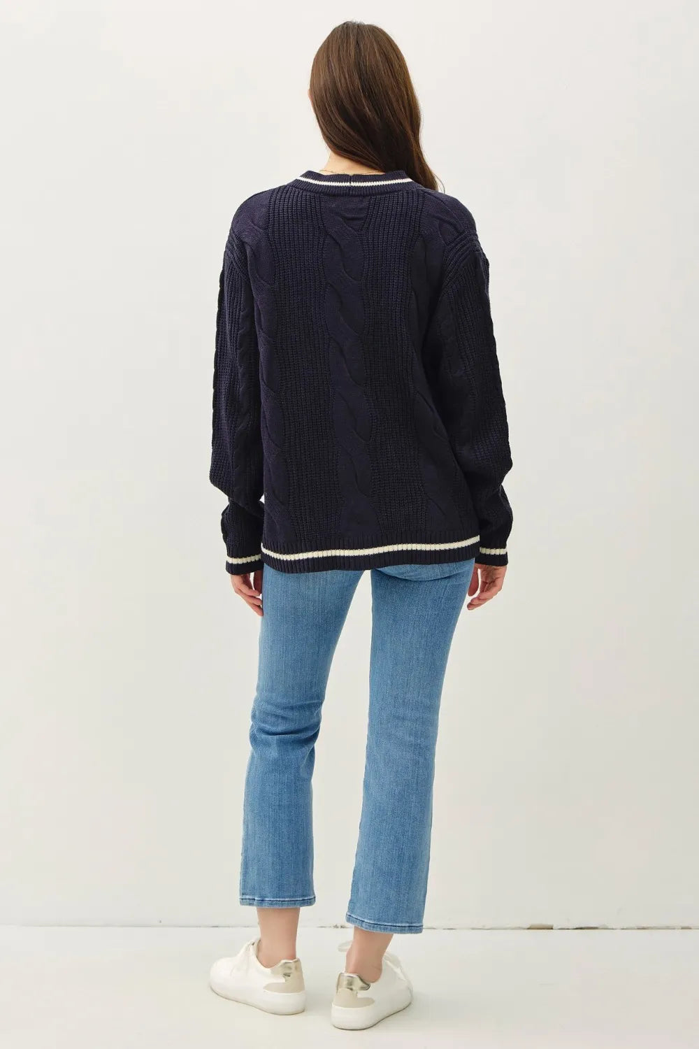 Be Cool Contrast Trim Cable-Knit V-Neck Cardigan - SwagglyLife Home & Fashion