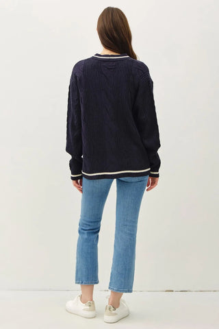 Be Cool Contrast Trim Cable-Knit V-Neck Cardigan - SwagglyLife Home & Fashion