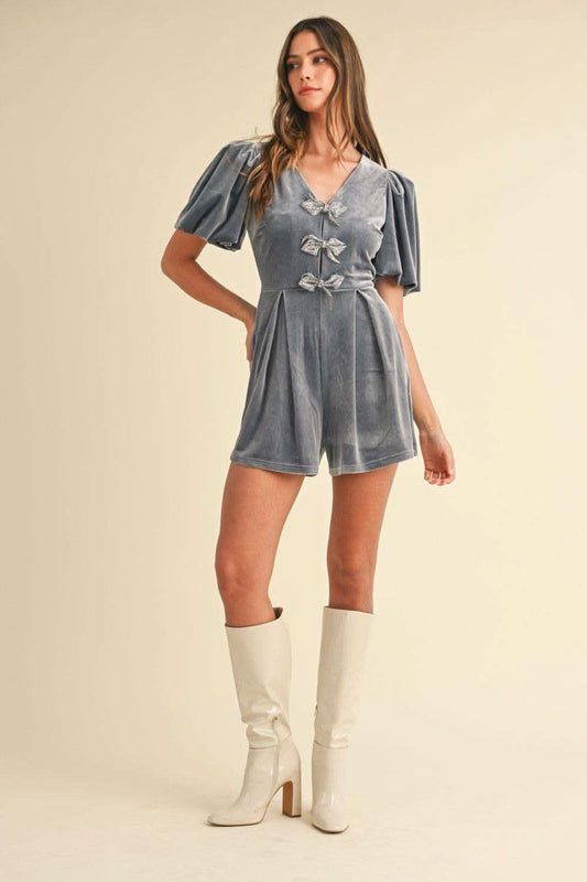 Mable Jewel Bow Decor Puff Sleeve Velvet Romper in - Rompers photo