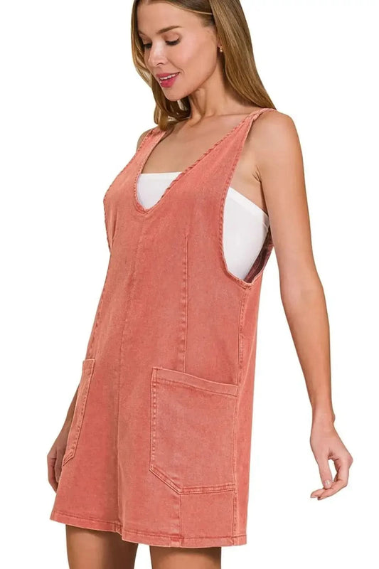 Zenana Washed Adjustable Strap Denim Overall Dress in CABERNET - photo