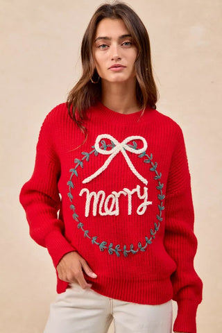 BiBi Christmas Wreath Merry Letter Knit Top in RED - photo