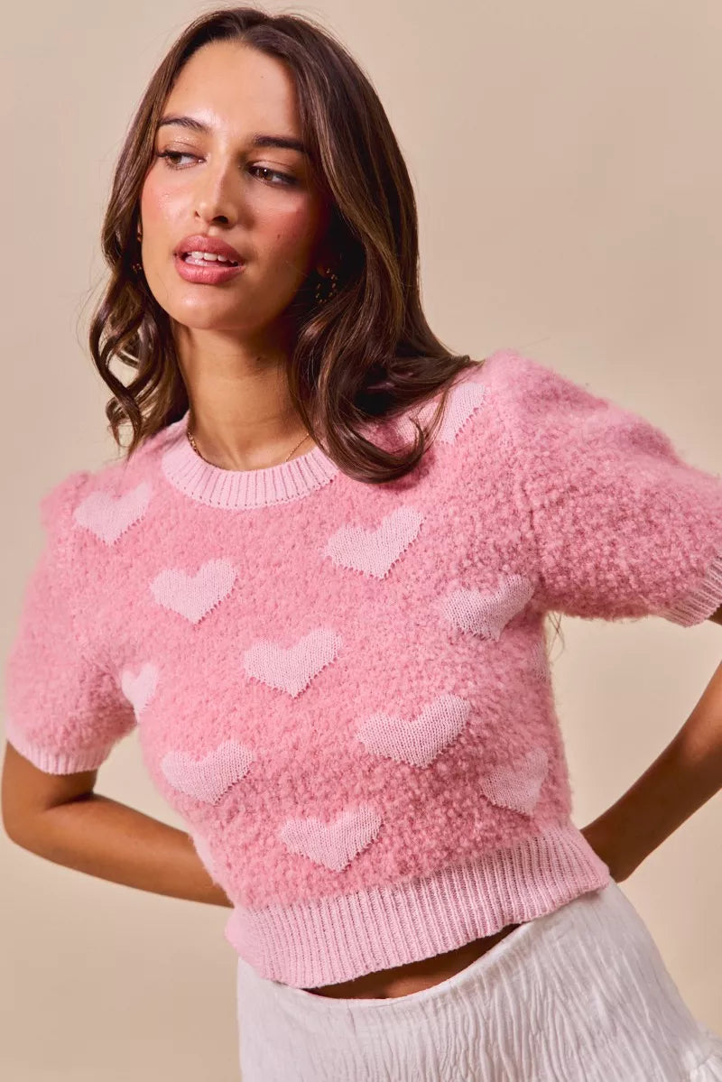 SO ME All Over Heart Valentine Cropped Sweater in - photo
