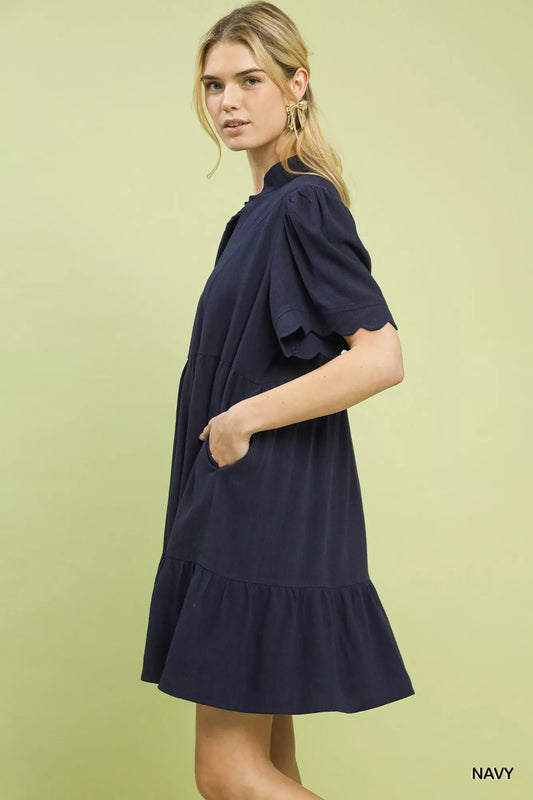 Umgee Linen Tiered Babydoll Dress with Scalloped Sleeves in - photo