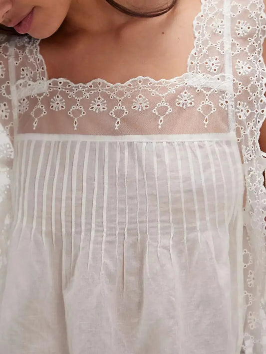 Lace-Trimmed Eyelet Square Neck Top in - photo