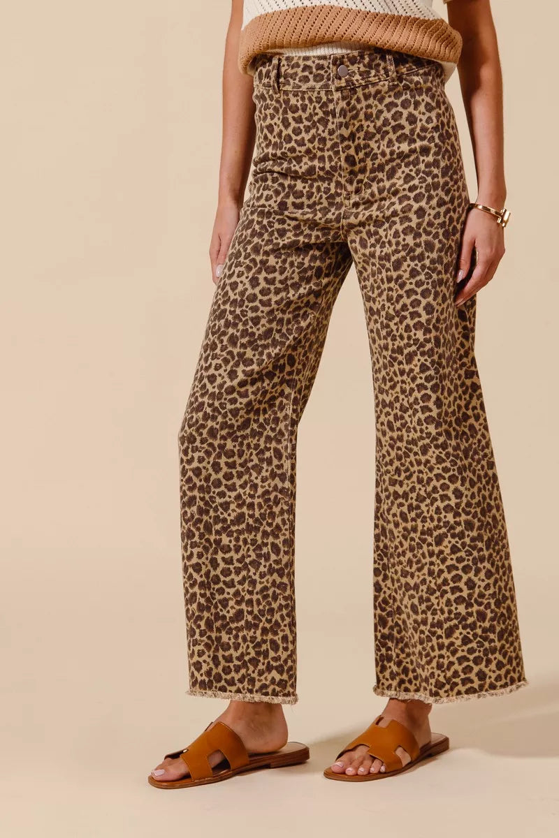 SO ME Mid Rise Leopard Twill Frayed Hem Wide Leg Pants - SwagglyLife Home & Fashion