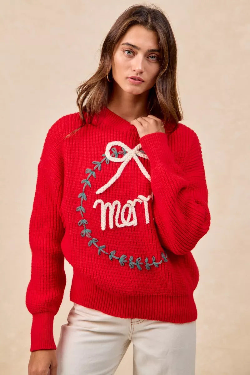 BiBi Christmas Wreath Merry Letter Knit Top in - photo