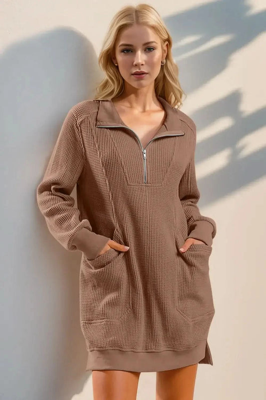 Double Take Waffle Long Sleeve Mini Dress with Pockets in Taupe - photo