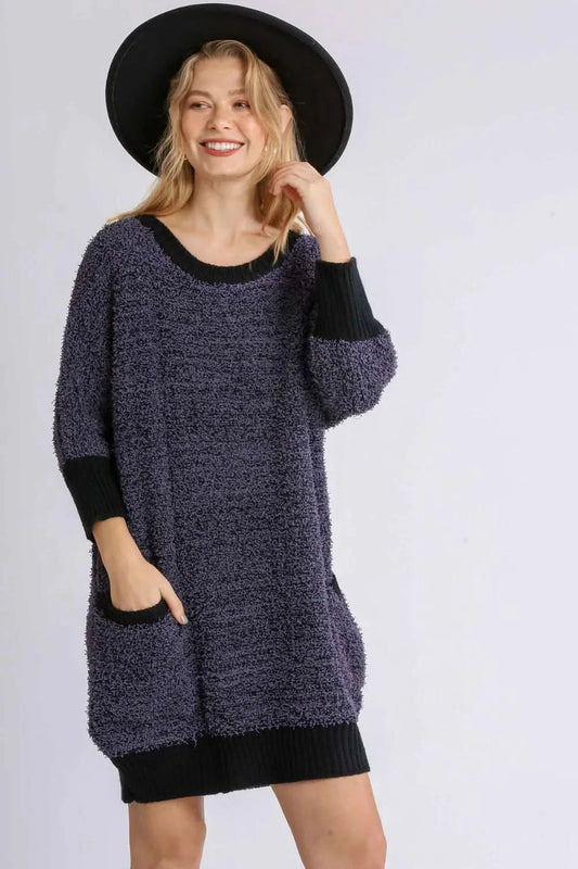 Umgee Full Size Ribbed Hem Round Neck 3/4 Sleeve Sweater Dress with Pockets Plus Size in Black - photo