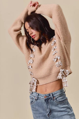 SO ME Checkered Plaid Tape Lace Up Ribbed Sweater - SwagglyLife Home & Fashion