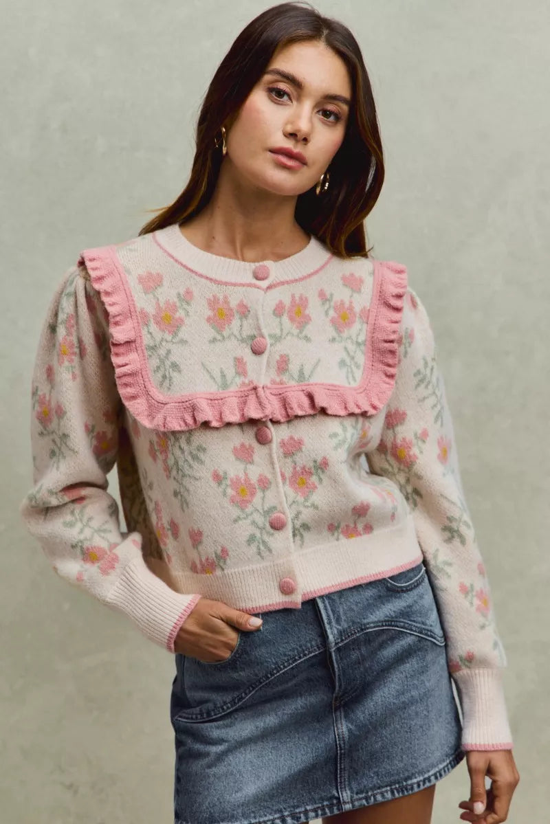SO ME Flower With Ruffle Detailing Sweater Cardigan in - photo