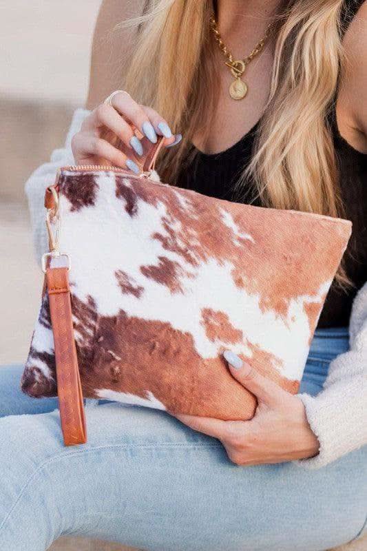 Faux Fur Cow Animal Print Clutch in Brown OneSize - Handbags, Wallets & Cases photo