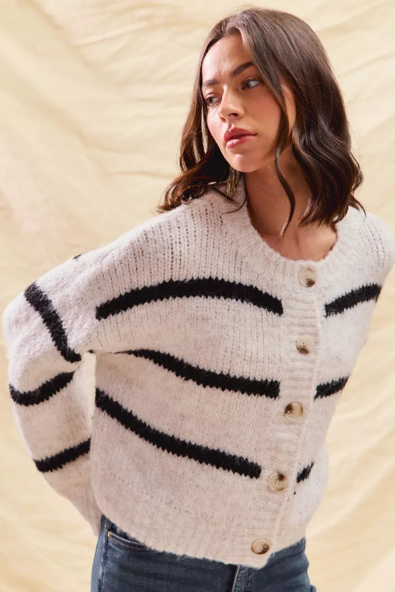 SO ME Stripe Soft Touch Button Cozy Sweater Cardigan in - photo