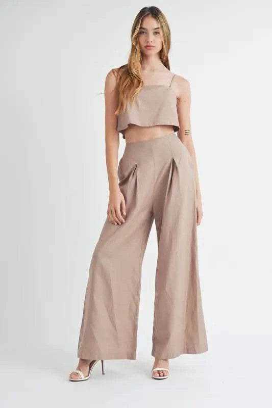 MABLE Linen Mix Crop Cami and Wide Leg Pants Set - SwagglyLife Home & Fashion