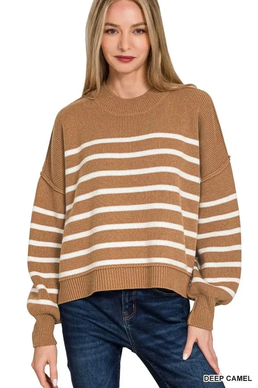 Zenana Exposed Seam Striped Oversized Sweater in DEEP CAMEL - photo