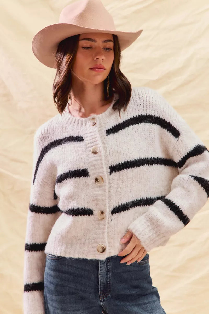 SO ME Stripe Soft Touch Button Cozy Sweater Cardigan in - photo