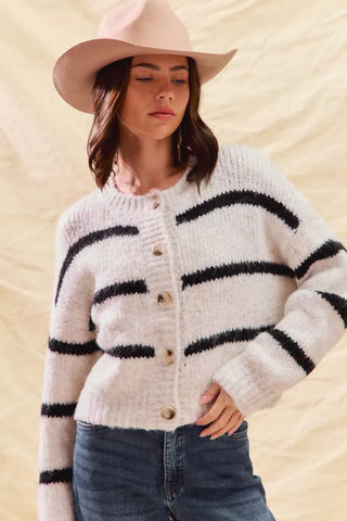 SO ME Stripe Soft Touch Button Cozy Sweater Cardigan in - photo