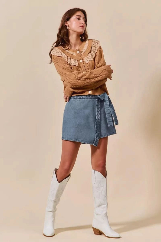SO ME Wrap Braided Trimmed Denim Skort in - photo