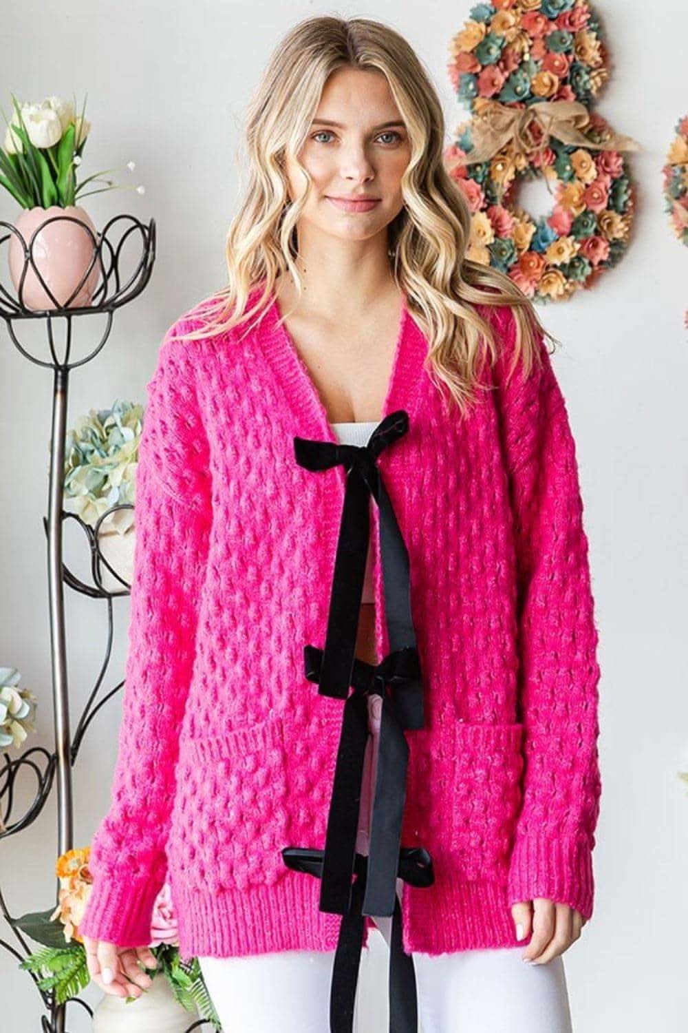 First Love Tie Closure Open Knit Cardigan - SwagglyLife Home & Fashion