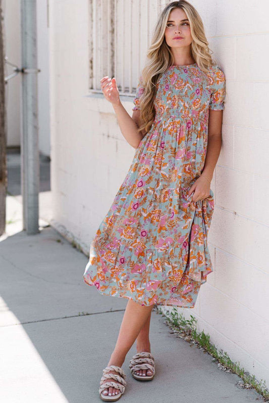 Floral Flounce Sleeve Round Neck Midi Dress in - Dresses photo