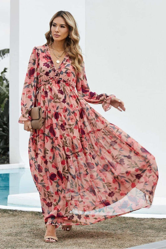 Floral Frill Trim Flounce Sleeve Plunge Maxi Dress in Floral - Dresses photo