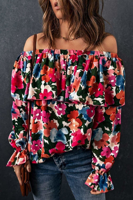 Floral Off-Shoulder Flounce Sleeve Layered Blouse in Floral - Shirts & Tops photo