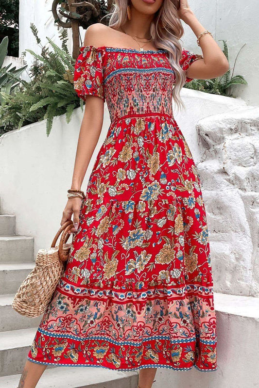 Floral Off-Shoulder Smocked Midi Dress in Deep Red - Dresses photo