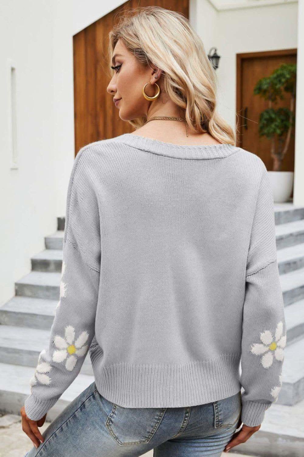 Floral Ribbed Trim Drop Shoulder Cardigan, Multiple Colors - SwagglyLife Home & Fashion