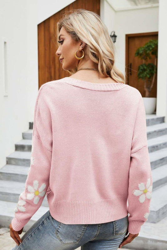 Floral Ribbed Trim Drop Shoulder Cardigan, Multiple Colors in - Shirts & Tops photo