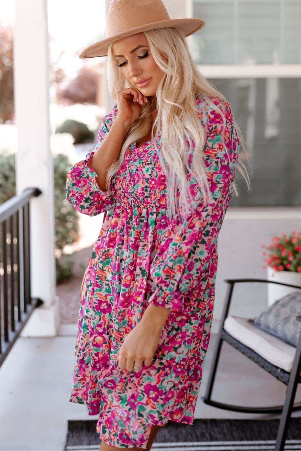 Floral Smocked V-Neck Flounce Sleeve Dress - SwagglyLife Home & Fashion