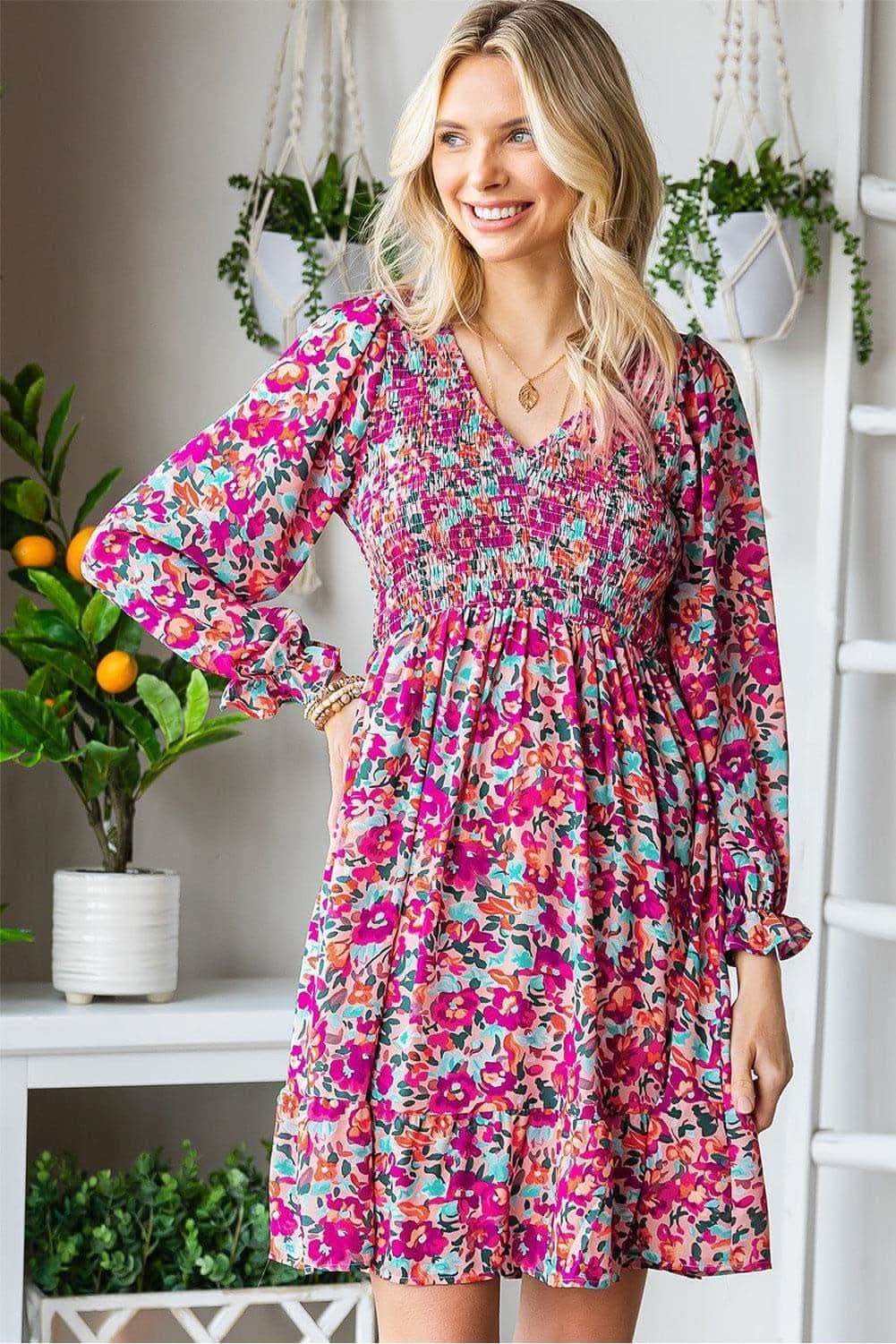 Floral Smocked V-Neck Flounce Sleeve Dress - SwagglyLife Home & Fashion