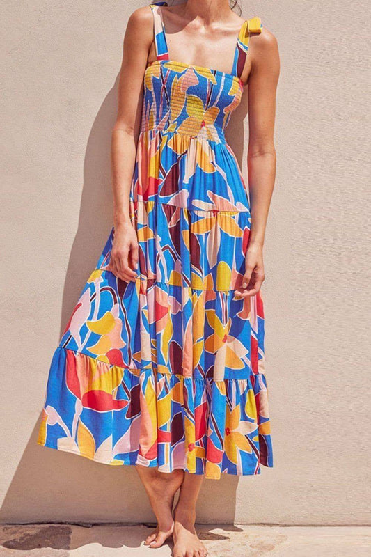 Floral Tie Shoulder Smocked Tiered Dress in Multicolor - Dresses photo