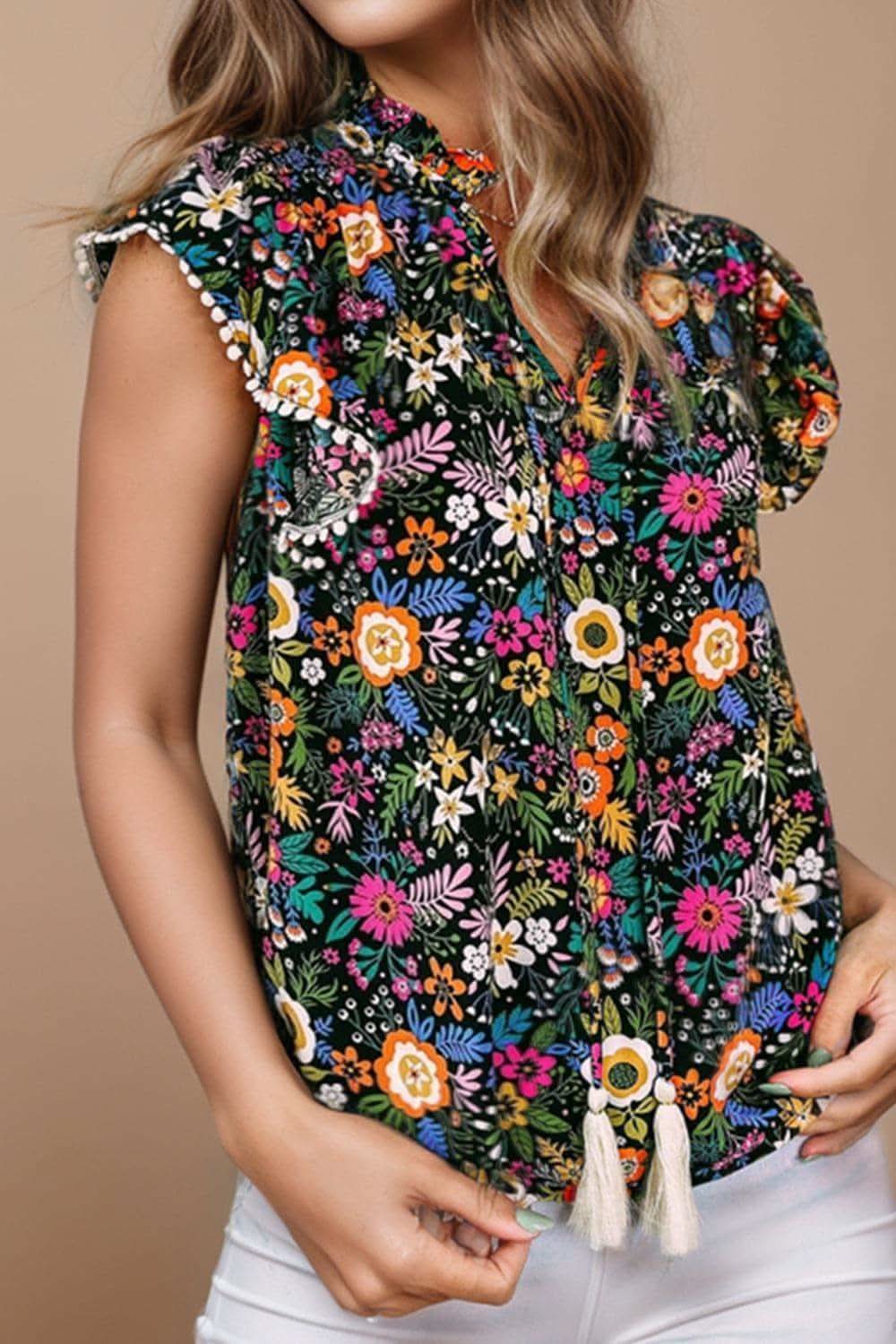 Flower Garden Tassel Printed Cap Sleeve Blouse in Black - Shirts & Tops photo