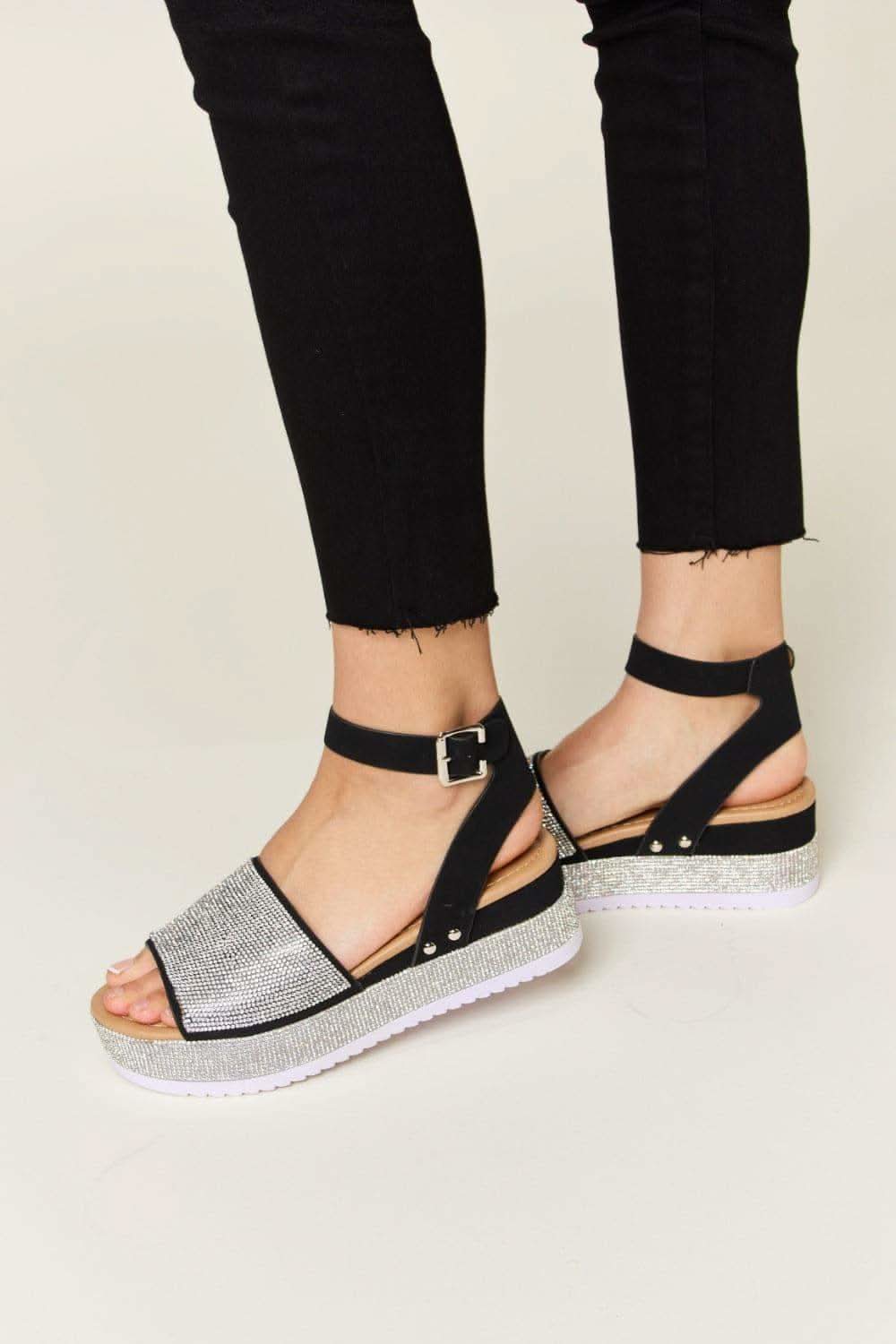 Forever Link Rhinestone Buckle Strappy Wedge Sandals - SwagglyLife Home & Fashion