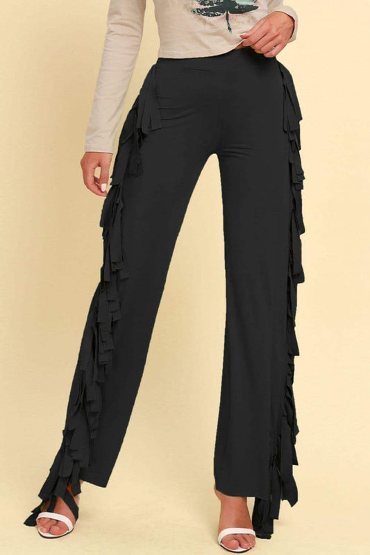 Fringe Trim Wide Leg Pants in Black - Pants photo
