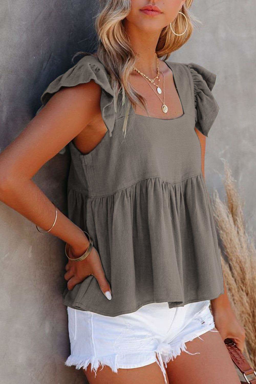 Full Size Ruffled Square Neck Cap Sleeve Blouse - SwagglyLife Home & Fashion