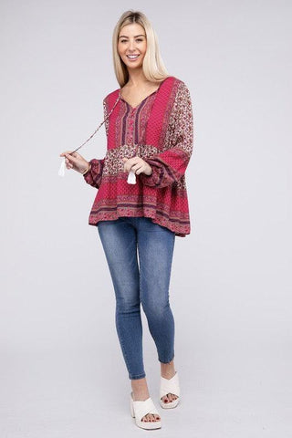 Gabrielle Tie Neck Ruffle Hem Blouse - SwagglyLife Home & Fashion