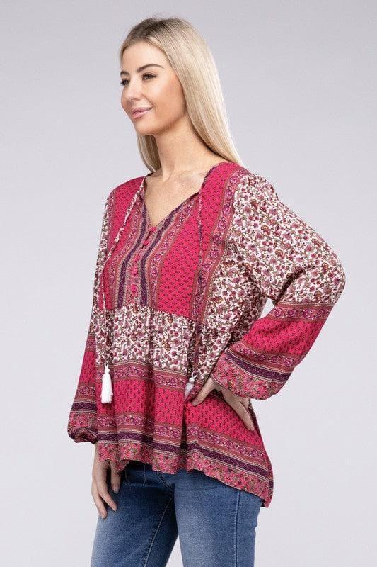 Gabrielle Tie Neck Ruffle Hem Blouse - SwagglyLife Home & Fashion